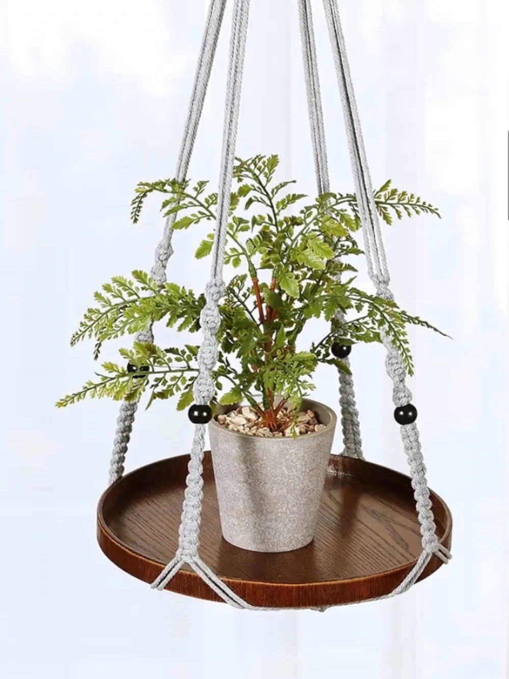 Macrame Plant Hanger with 12” Wood Shelf Indoor Light Gray New Home Decor - Picture 11 of 12